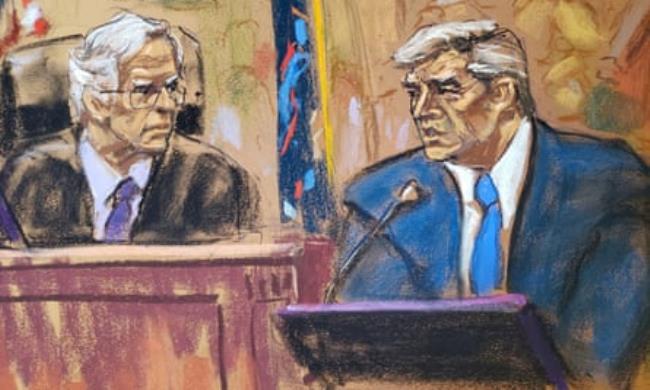 Judge Arthur Engoron and Donald Trump as seen in a courtroom sketch from 25 October.