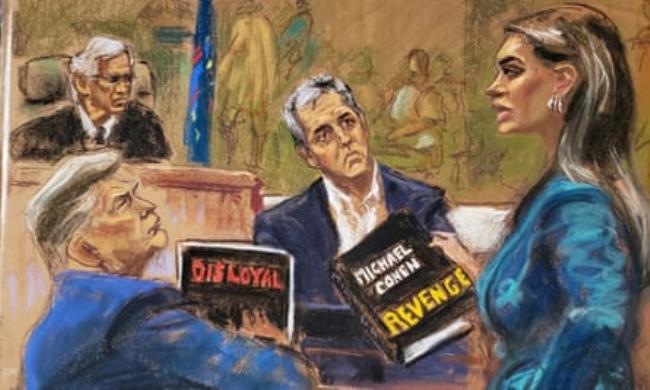 Trump watches as his lawyer Alina Habba cross-examines Michael Cohen before Engoron on 25 October, as seen in a courtroom sketch.