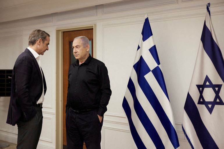 Israeli Prime Minister Benjamin Netanyahu meets with Greek Prime Minister Kyriakos Mitsotakis in Jerusalem, October 23, 2023. Dimitris Papamitsos/Greek Prime Minister's Office/Handout via REUTERS THIS IMAGE HAS BEEN PROVIDED BY A THIRD PARTY REFILE - CORRECTING LOCATION FROM 