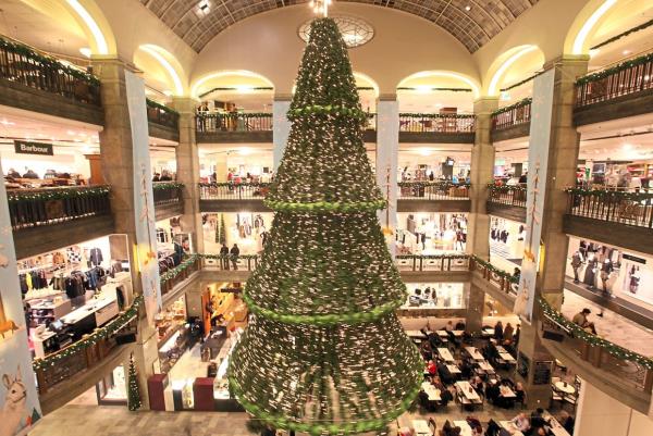 A huge Christmas tree hangs from the ceiling of a department store in Stockholm. The entire city centre is festively decorated and illuminated during the Christmas season.  — KAY NIETFELD/dpa
