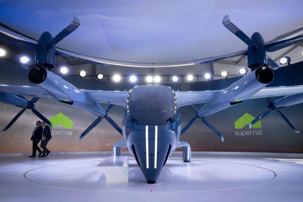 A vertical takeoff electro<em></em>nic aircraft from Supernal is seen outside the Las Vegas Co<em></em>nvention Center during the Co<em></em>nsumer Electro<em></em>nics Show (CES) in Las Vegas, Nevada on January 10, 2024. — AFP
