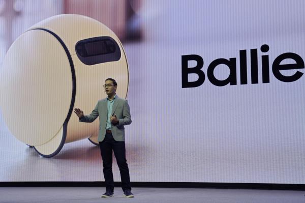 Jonathan Gabrio, Head of Connected Experience Center at Samsung Electronics America, speaks about the Ballie robot ball during a Samsung press conference ahead of the CES tech show on Jan 8, 2024, in Las Vegas. — AP