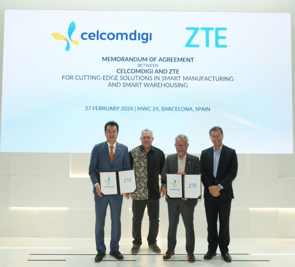 (From left) ZTE Malaysia managing director Steven Ge, MCMC chairman Tan Sri Mohamad Salim Fateh Din, CelcomDigi chief executive officer Datuk Idham Nawawi and CelcomDigi chair of the board Tengku Datuk Seri Azmil Zahruddin Raja Abdul Aziz during the CelcomDigi-ZTE partnership announcement for cutting edge solutions in smart manufacturing and warehousing,during the Mobile World Co<em></em>ngress 2024 in Barcelona, Spain.