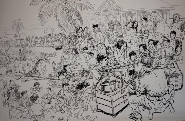 A sketch work of a Malaysian scene, with traditio<em></em>nal food and games highlighted by Lee. Photo: The Star/Art Chen 