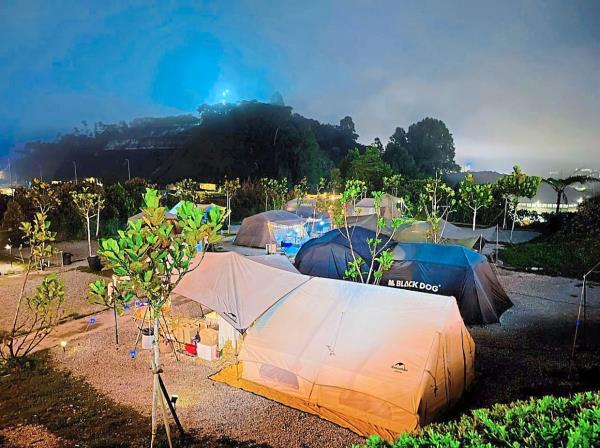 A misty Cameron Highlands night scene with the family tent in the foreground.