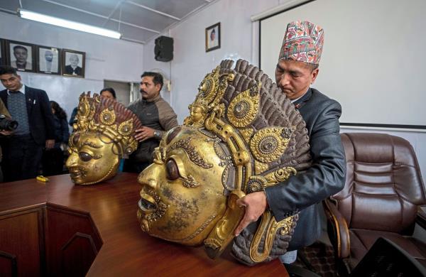 Masks of Hindu deity Lord Bhairabh dated from 16th century, stolen from Nepal’s Dolakha district and brought back from Dallas museum of art. — AP