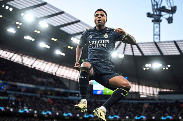 Rodrygo jumps for joy after putting Real ahead in the match. — AFP
