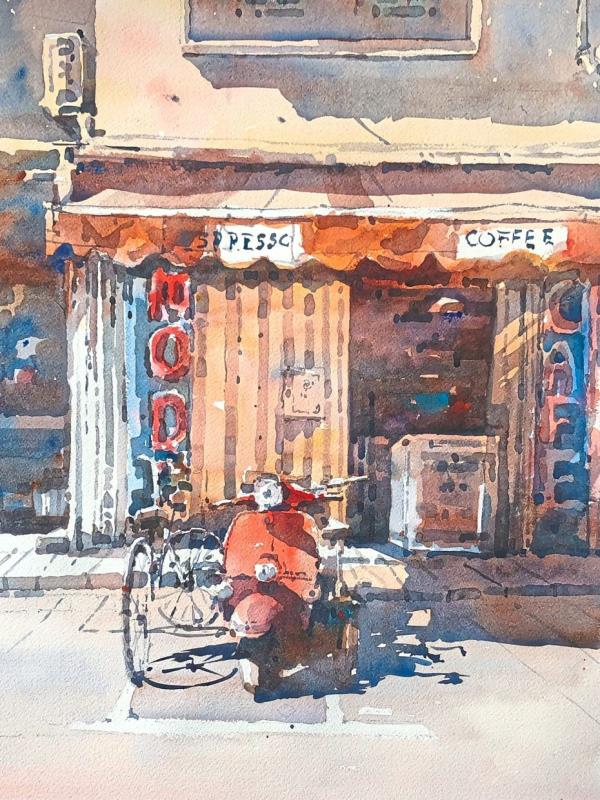 There is no shortage of independent cafes in Melaka, and Lee rolls out a lazy day scene in 'A Place For Espresso' (watercolour on paper, 2024). Photo: Lee Wee Xian