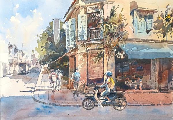 'A Scene From Geographer Cafe' (watercolour on paper, 2024). Photo: Lee Wee Xian