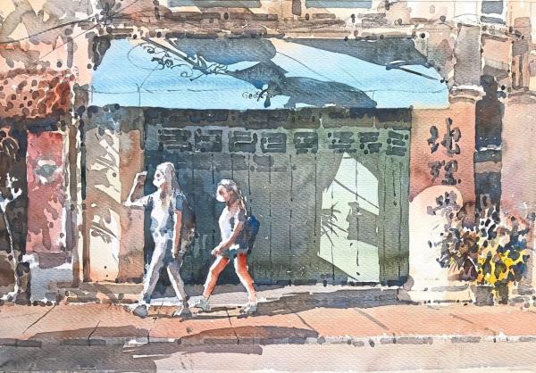 In 'Watching People' (watercolor on paper, 2024), Lee captures a rare, leisurely scene in the touristic town centre of Melaka. Photo: Lee Wee Xian
