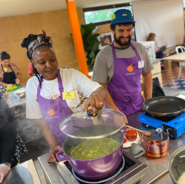 3rd pix +++ Participants are split into pairs, each team tasked with creating one of six dishes on the menu.