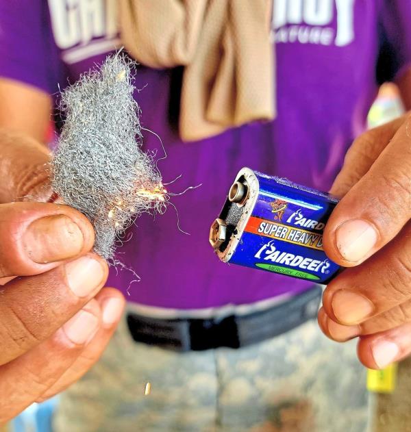 Participants got to learn how to use fine steel wool and a nine-volt battery to start a fire, even in wet weather.
