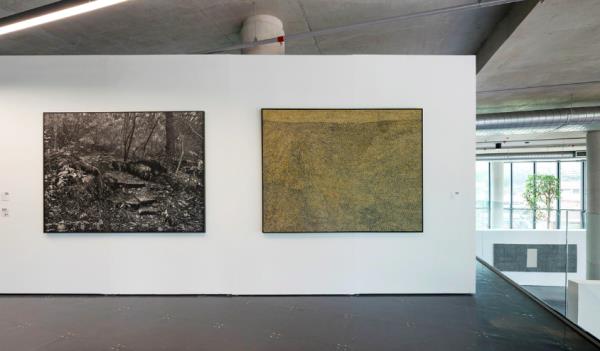 A view of the 'Not Just In Back And White' exhibition at the GDP Campus in KL, from left to right - Maryanto, 'Path Of Enlightenment' (2019) and Yunizar, 'Irama Laut' (2006). Photo: Kenta Chai