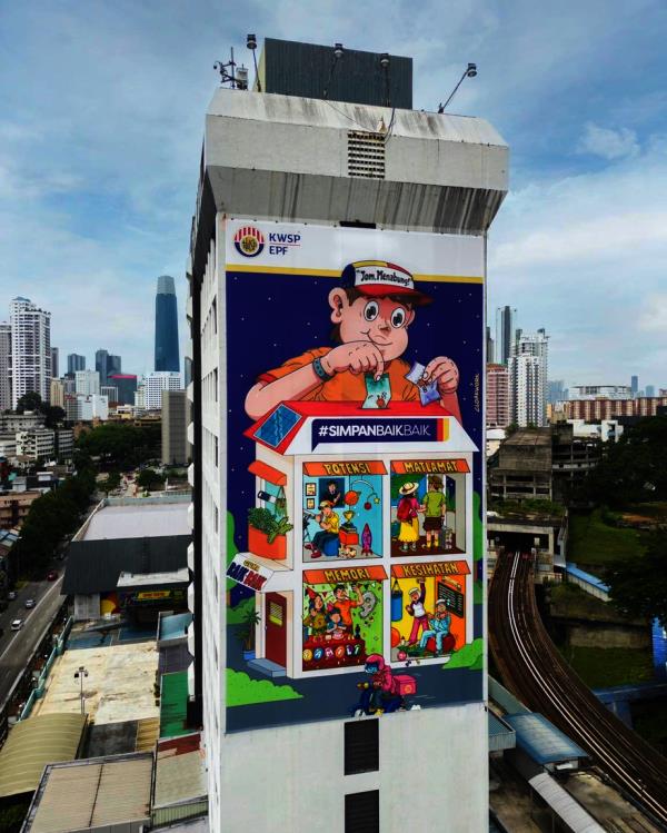 A view of the 'SimpanBaikBaik' mural at the KWSP building in UTC Pudu, KL. The mural by Cloakwork illustrates the co<em></em>ncept of saving mo<em></em>ney divided into four distinct segments. Photo: Cloakwork