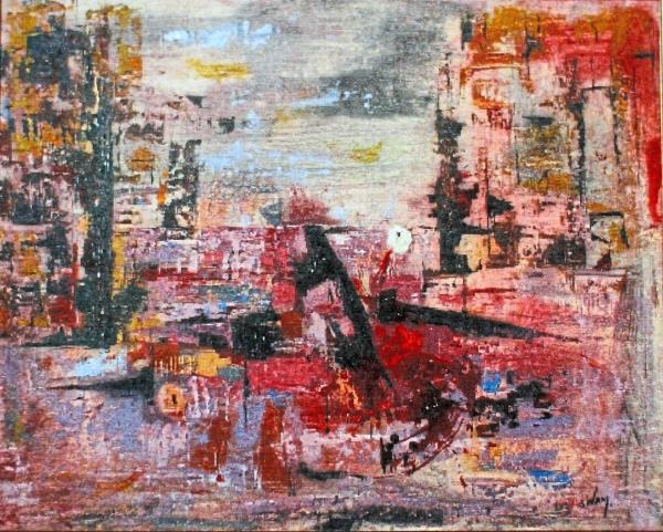 A painting from Sivam's early career, 'Malapetaka' (1962), reflects her initial foray into the art world, capturing a moment of profound expression and experimentation that hints at the themes and techniques that would define her later work. Photo: Estate of Sivam Selvaratnam