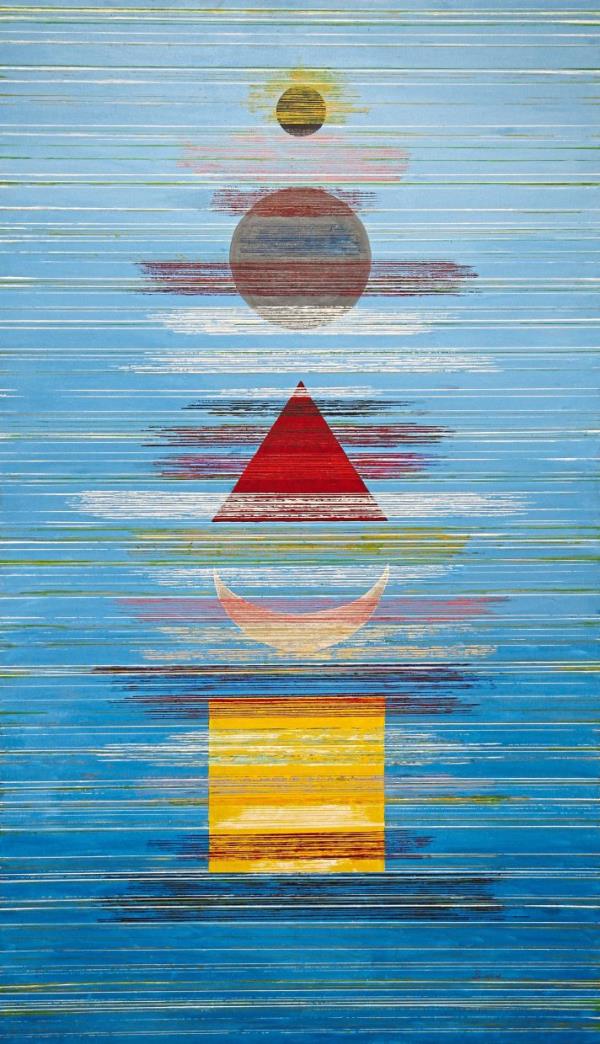 A piece from Sivam’s 'Gayatri Mantra' series, exploring the spiritual and symbolic depth of the mantra, weaving together deep colours and shapes to embody the essence of sacred verses and their meditative significance. Photo: Estate of Sivam Selvaratnam