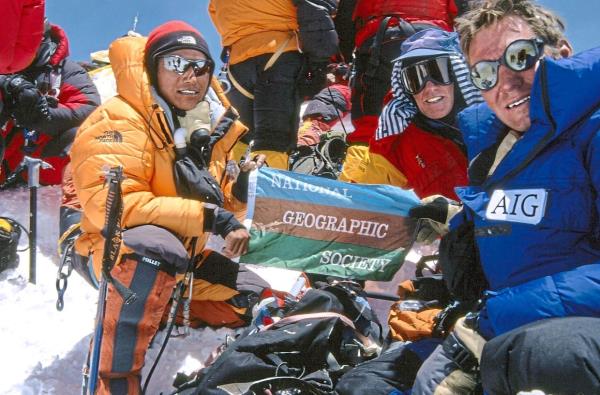 Everest expedition members Dawa Sherpa, Peter Hillary and Brent Bishop upon reaching the summit on May 16, 2002. In a phone call to his father Sir Edmund Hillary, Peter became emotional, realising the great task they had accomplished. Photo: Natio<em></em>nal Geographic Society