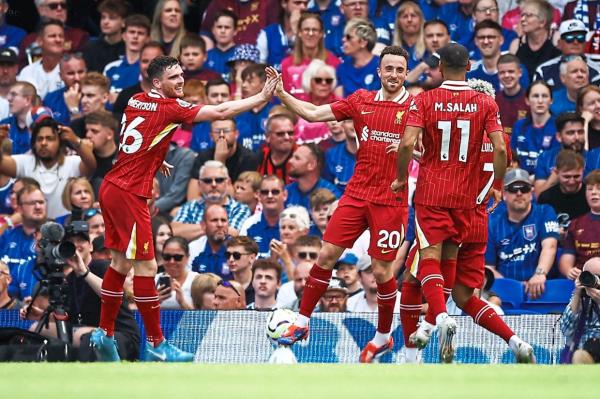 Diogo Jota (centre) celebrates after scoring against Ipswich. — AFP