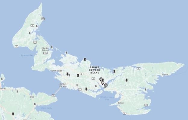 A map of P.E.I. shows a pin in each location of a disc golf course.