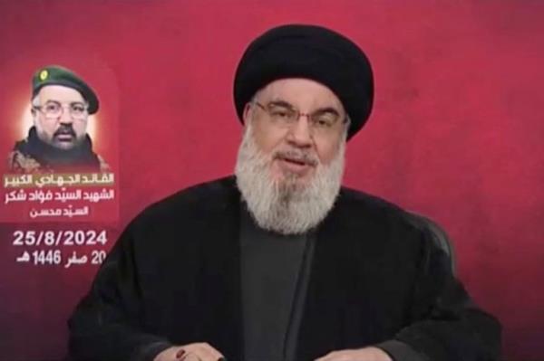 Hezbollah leader Sayyed Hassan Nasrallah gives a televised address, in this screengrab taken from a handout video obtained on August 25, 2024. Al-Manar TV/Handout via REUTERS THIS IMAGE HAS BEEN SUPPLIED BY A THIRD PARTY. NO RESALES. NO ARCHIVES.