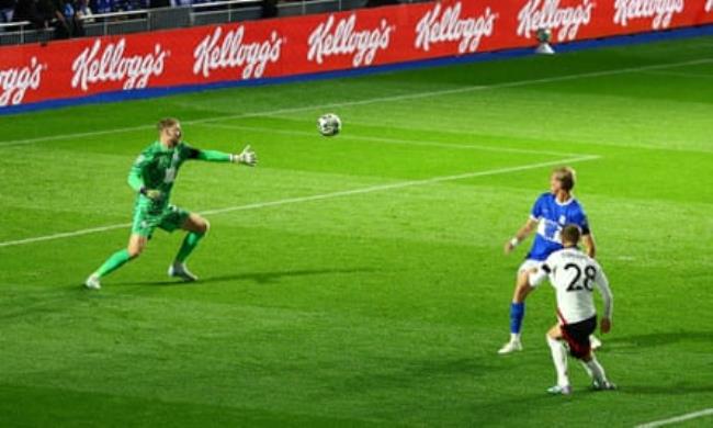 Jay Stansfield bends his shot past Birmingham’s Ryan Allsop.