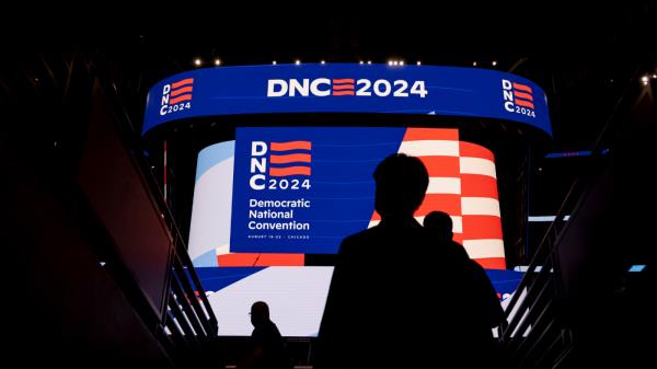 Signage is displayed during a walkthrough of the Democratic Natio<em></em>nal Co<em></em>nvention on May 22, 2024, at the United Center. (Brian Cassella/Chicago Tribune/Tribune News Service via Getty Images)