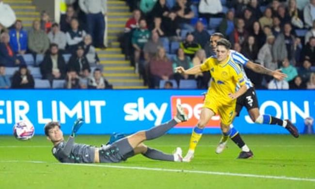 Daniel James scores Leeds’ second goal against Sheffield Wednesday.