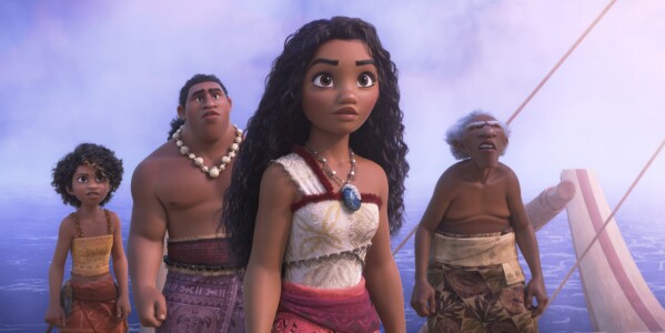 This image released by Disney shows Moana, voiced by Auli'i Cravalho, center, in a scene from 