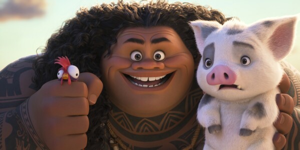 This image released by Disney shows Maui, voiced by Dwayne Johnson, center, and Heihei the rooster, voiced by Alan Tudyk, left, and Pua the pig, in a scene from 