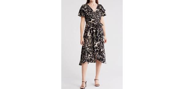 DKNY Floral Double Flutter Sleeve Dress