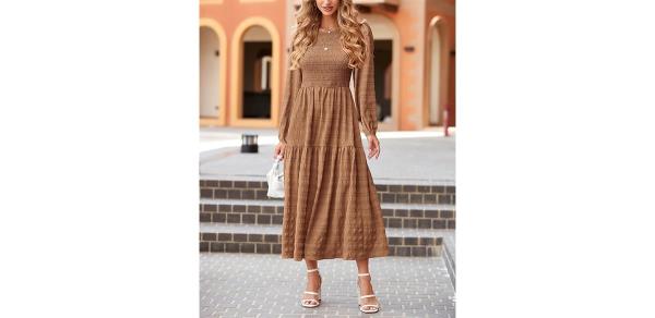 Fall Puff Long Sleeve Crewneck Smocked Tiered Flowy A-Line Boho