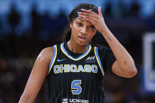 Angel Reese #5 of the Chicago Sky reacts during the game against the Indiana Fever at Wintrust Arena on August 30, 2024 in Chicago, Illinois. (Photo by Michael Hickey/Getty Images)