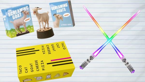 A Screaming Goat toy, Taco Cat Goat Cheese Pizza card game and lightsaber chopsticks