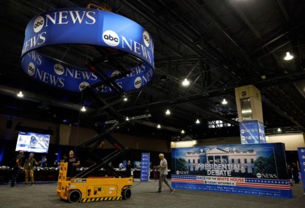 Final preparations are made in the spin room prior to the ABC News Presidential Debate on September 9, 2024 at the Co<em></em>nvention Center in Philadelphia, Pennsylvania. 