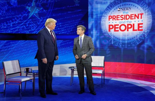 Then-president Do<em></em>nald Trump and George Stephanopoulos at a town hall event in Philadelphia, Pennsylvania, U.S., September 15, 2020.