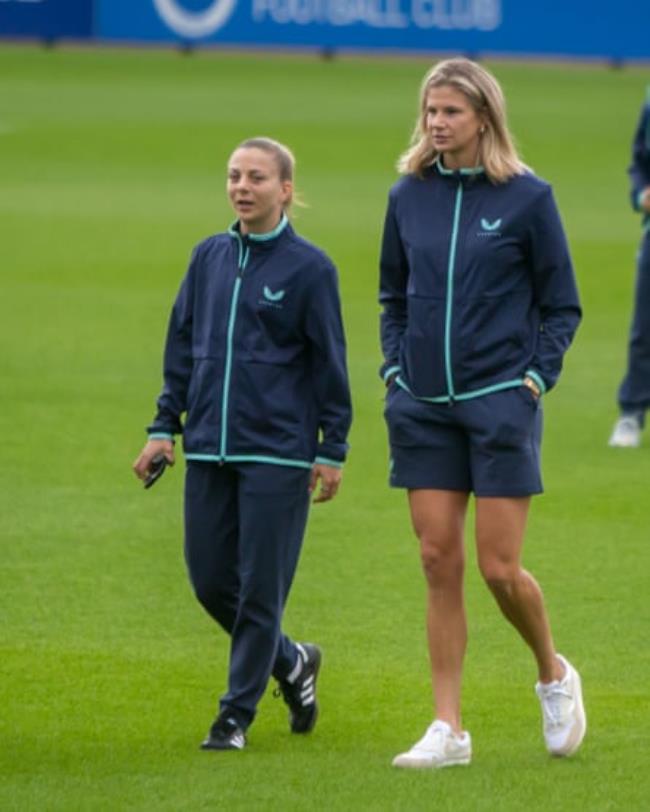 Veatriki Sarri (left) and Justine Vanhaevermaet inspect the pitch ahead of the Women’s Super League match between Brighton and Everton
