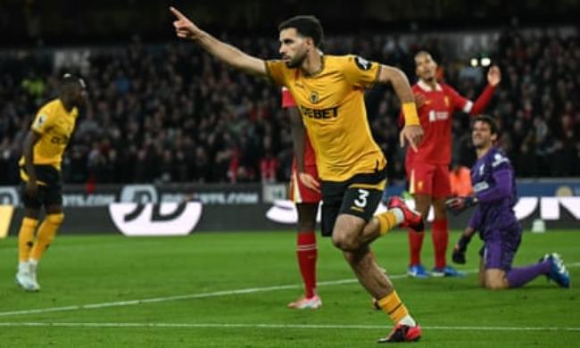 Rayan A?t-Nouri celebrates after equalising for Wolves in the second half.
