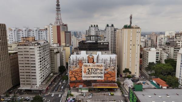 The mural 'Stop the Destruction' depicting Alessandra Munduruku in protest against Cargill. — Photo: REUTERS/Amanda Perobelli