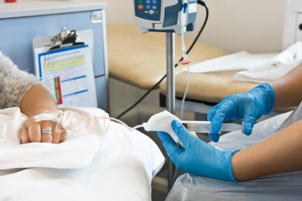 A cancer patient receiving an infusion of epirubicin.