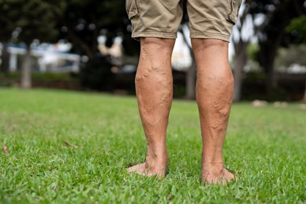 A man's lower legs covered in varicose veins.