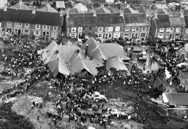 The scene at Aberfan, Glamorgan, after a man-made mountain of pit waste slid down o<em></em>nto Pantglas School and a row of housing killing 116 children and 28 adults.