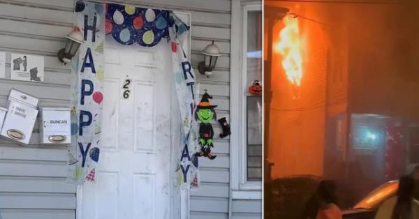 (L) The door of a white house has decorations with banners that read 'Happy Birthday'. (R) A fire burns inside a home.