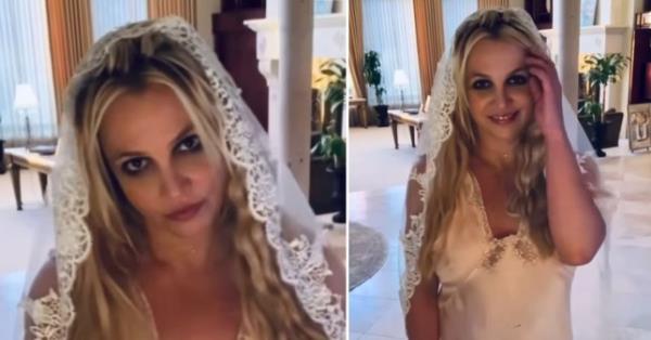 Compilation image of Britney Spears in a wedding dress and veil 