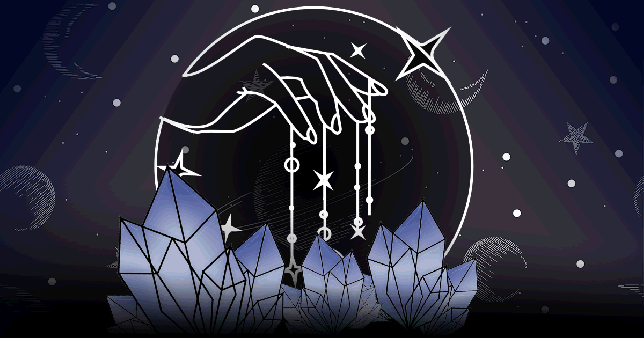 Gif shows celestial hand holding stars over crystals depicting horoscopes for today: Ahead, you’ll find all the star signs’ horoscopes for today: Wednesday October 9, 2024.