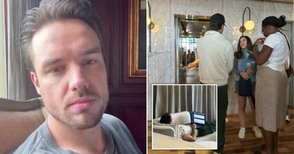Liam Payne in a selfie, alo<em></em>ngside a picture of him in the hotel lobby talking to two women, and a picture of him lying on a couch with his laptop