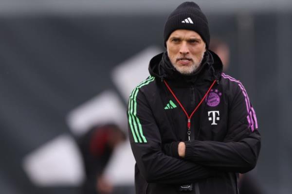 Thomas Tuchel, Head Coach of FC Bayern München looks on during a training session ahead of their UEFA Champions League Round of 16 second leg match at Bayern's Trainingsground 