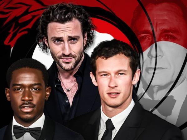 Aaron Taylor-Johnson, Callum Turner, Daniel Craig as ames Bond and Damson Idris all dressed smartly in front of the classic Bond gun barrel iconography