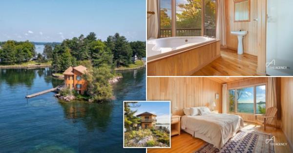A private island for sale in the Thousand Islands region of upstate New York is pictured, featuring wooden interiors and long rugs