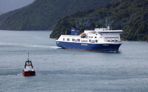 Bluebridge ferry the Co<em></em>nnemara berthing at Picton wharf, helped by a tug, after earlier hitting the wharf while attempting to berth.