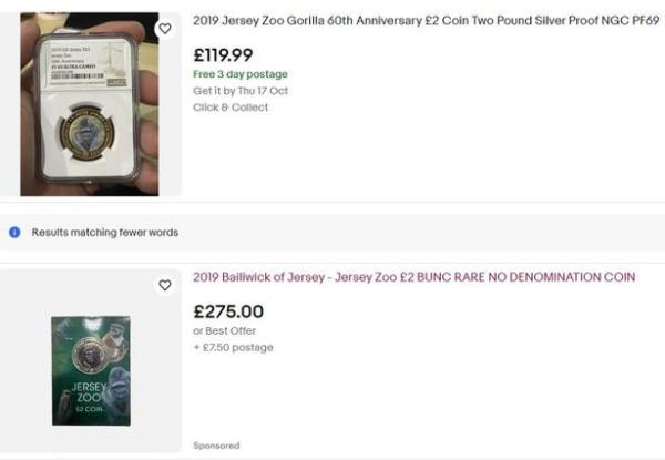 eBAY screenshot of two Gorilla UK ￡2 coins listed for sale